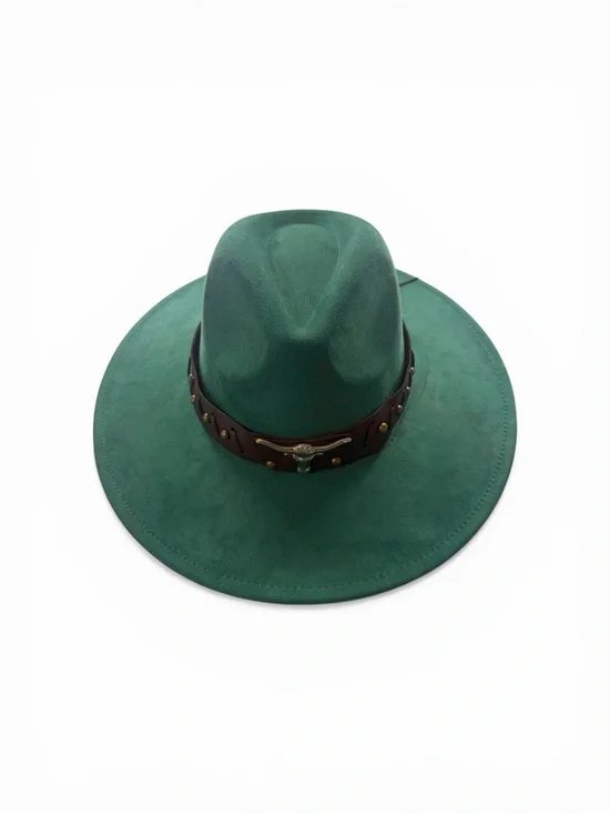 Emerald Green,Wide-Brim Felt Fedora with Studded Leather Band, OS - Picture 7 of 7